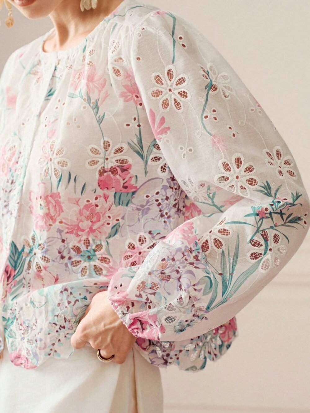 Multicolor Boho Women's Embroidered Patchwork Long Sleeve Button-Up Shirt - Picture 4 of 7